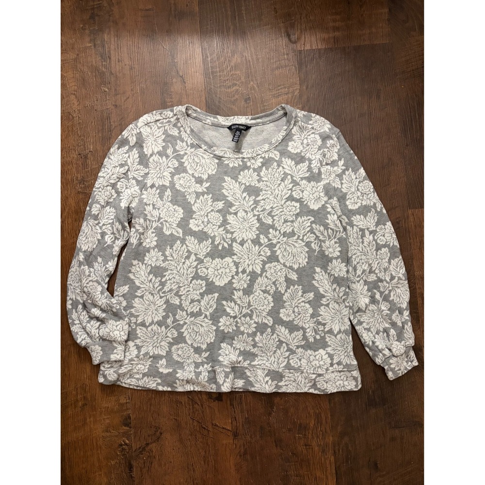 Ellen Tracy Heather Grey White Floral Jacquard Knit Sweatshirt Top XL Romantic